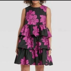 (S)- Who What Wear Hot Hibiscus Ruffle Dress